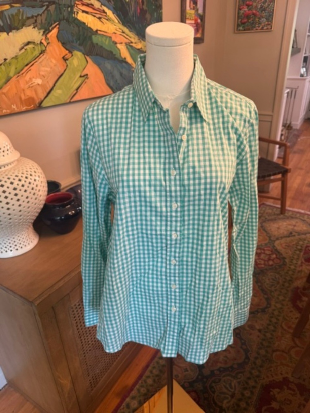 The Shirt by Rochelle Behrens Green Gingham Button-Down – Size Large